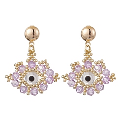 чертополох Серьги-гвоздики из стеклянных бусин, с бусинами из смолы от сглаза и железными серьгами-гвоздиками, золотые, чертополох, 36x31 мм