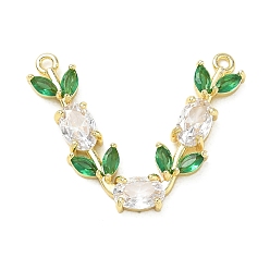 Green Brass Micro Pave Cubic Zirconia Connector Charms, with Glass, Flower Links, Golden, Green, 20x26x3mm, Hole: 1.2mm