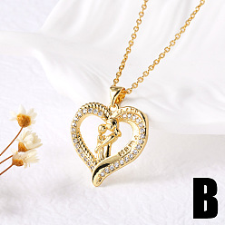 Золотой Подвеска в виде сердца с прозрачными кубическими циркониями из латуни в стиле «мама-малыш» для Дня матери., золотые, 17.72 дюйм (45 см), Кулон : 23x22 мм