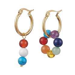 Golden 7 Chakra Theme Natural Mixed Gemstone Asymmetrical Earrings, 304 Stainless Steel Dangle Hoop Earrings, Golden, 32mm, 42mm