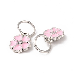 Pink Enamel Style Flower Alloy Rhinestone Charms, with Iron Findings, Antique Silver, Pink, 13.5x11x3mm, Hole: 6mm