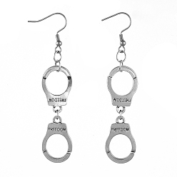 Stainless Steel Color Dangle Earrings, 304 Stainless Steel Earring Hooks, Handcuffs Shape with Word Freedom, Antique Silver & Stainless Steel Color, 73mm