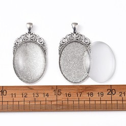 Antique Silver DIY Pendant Making, with Tibetan Style Oval Pendant Cabochon Settings and Transparent Oval Glass Cabochons, Antique Silver, Cabochons: 40x30x7~8mm, Settings: 60x32x2mm, Hole: 5x7mm, 2pcs/set