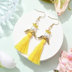 Желтый Ангел 304 серьги-подвески из нержавеющей стали, с бисером, полиэстеровой кисточкой и стеклянными жемчужными круглыми бусинами, античное золото , желтые, 70~74x22 мм