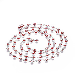 Red 304 Stainless Steel Enamel Chains, Soldered, Flat Round with Evil Eye, Stainless Steel Color, Red, 9x4.5x2.5~3mm