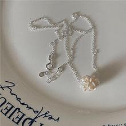 Silver Natural Freshwater Pearl Flower Cluster Pendant Necklaces, with 925 Sterling Silver Cable Chain Necklaces for Women, White, Silver, 17.72 inch(45cm)