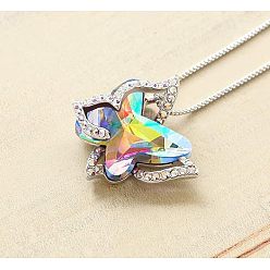 Прозрачный АВ Бабочка латунный паве стеклянный камень ожерелья с подвеской, платина, ясно AB, 17.72 дюйм (45 см)