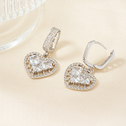 Серебро Элегантные полые серьги-кольца в форме сердца из латуни с прозрачным кубическим цирконием, серебряные, 31x18 мм