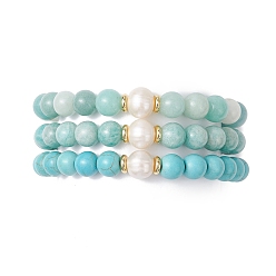 Смешанные камни 3 Наборы из круглых браслетов из натурального амазонита, синтетической бирюзы и жемчуга, которые можно нанизывать друг на друга, внутренний диаметр: 2-1/8 дюйм (5.5 см)