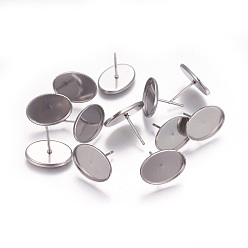Stainless Steel Color Tarnish Resistant 304 Stainless Steel Ear Stud Findings, Oval, Stainless Steel Color, Tray: 14x10mm, 15x11mm, pin: 0.8mm