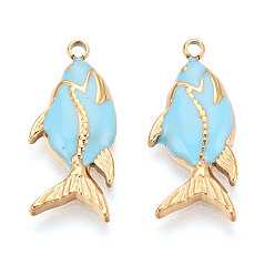 Светло-Голубой 304 нержавеющей стальной эмали подвески, рыба, ионное покрытие (ip), реальный 18 k позолоченный, Небесно-голубой, 21x9x2 мм, отверстие : 1.5 мм