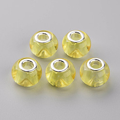 Yellow Glass European Beads, Large Hole Beads, with Silver Tone Brass Double Cores, Rondelle, Yellow, 14.5x11.5mm, Hole: 5mm