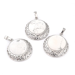 Говлит Кулоны из натурального говлита с фурнитурой из полой платины и латуни, плоско-круглые, 33.5x30x6 мм, отверстие : 8x5 мм
