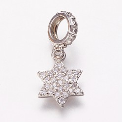 Платина Латунь кубический цирконий европейские подвески с подвесками, Подвески с большими отверстиями, звезда, прозрачные, платина, 18.5 мм, отверстие : 4.5 мм, Кулон : 11.5x9.5x1.5 мм
