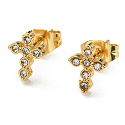 Золотой Вакуумное покрытие pvd 304 серьги-гвоздики из нержавеющей стали со стразами для женщин, крестик, золотые, 9x6.5 мм
