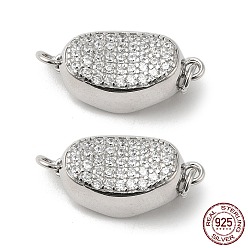 Real Platinum Plated Rhodium Plated 925 Sterling Sliver Micro Pave Clear Cubic Zirconia Box Clasps, 1-Strand, 2-Hole, with 925 Stamp, Oval, Real Platinum Plated, 17x8.5x8mm, Hole: 2.1mm