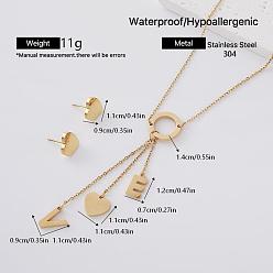 Golden 304 Stainless Steel Stud Heart Earrings & Letter VE Tassel Necklaces Sets for Women, Golden, 460mm