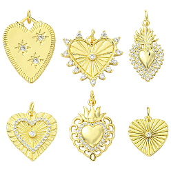 Настоящее золото 18K 6шт. 6 стили подвески из латуни и циркония с покрытием стойки, без кадмия и без свинца, долговечный, сердце, с целью перехода в кольце, реальный 18 k позолоченный, 15.5~24x12.5~19x2~3 мм, отверстие : 3~5 мм, 1 шт / стиль