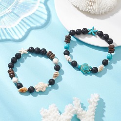 Смешанные камни 2 Браслеты из окрашенной синтетической бирюзы, натуральной бирюзы, бусин из лавового камня, кокоса и морских ракушек для женщин, морская звезда и черепаха, внутренний диаметр: 2.17 дюйм (5.5 см)