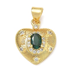 Green Brass Pave Cubic Zirconia Pendants, Heart Charms, Lead Free & Cadmium Free, Long-Lasting Plated, Rack Plating, Real 18K Gold Plated, Green, 18x15x6mm, Hole: 5x3.5mm