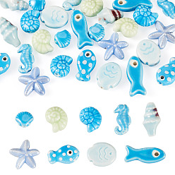 Sky Blue 36Pcs 9 Styles Handmade Porcelain Beads, Shell Shape, Bright Glazed Porcelain, Sky Blue, 9.5~24x9.5~17.5x5~10mm, Hole: 1.6~2mm, 4pcs/style 
