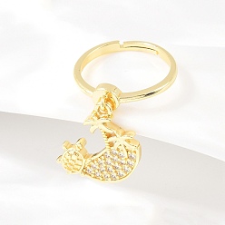 Turtle Регулируемые латунные кольца-подвески с микропаве из кубических цирконий для женщин, долговечный, реальный 18 k позолоченный, черепаха, внутренний диаметр: 17 мм