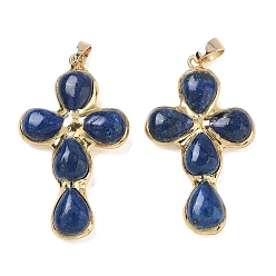 Lapis Lazuli Dyed Natural Lapis Lazuli Pendants, Cross Charms, with Golden Tone Brass Findings, 38~41x22.5~23.5x5.5~6mm, Hole: 5.5x3.5mm