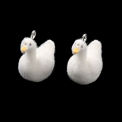 Утка Флокированные подвески из непрозрачной смолы, с платиновыми тоновыми железными петлями, очарование животных, белые, утка, 25x26.5x14 мм, отверстие : 2 мм