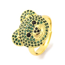 Зеленый Открытое кольцо-манжета из латуни Bear с микропаве и кубическим цирконием для женщин, реальный 18 k позолоченный, зелёные, Медведь: 17.5x15.5 мм