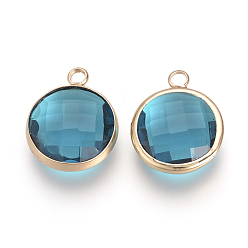 Темный Голубой Стеклянные подвески, с латунной фурнитурой , граненые, плоско-круглые, темные голубые, 9.5x6.5x2.5 мм, отверстие : 2 мм