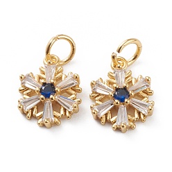 Blue Brass Micro Pave Cubic Zirconia Pendants, with Jump Rings, Real 18K Gold Plated, Long-Lasting Plated, Snowflake, Blue, 17x10x3mm, Jump Ring: 5.5x1mm, Inner Diameter: 4mm