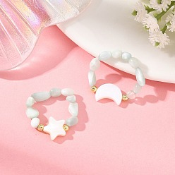 Aguamarina 2 Anillos de vidrio con cuentas de conchas naturales de agua dulce, estrella luna, con cuentas espaciadoras de latón chapadas en bastidor, anillos elásticos, agua, diámetro interior: 15.5~17.5 mm