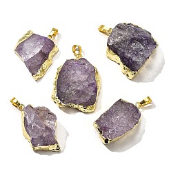 Средний Фиолетовый Подвески из необработанного натурального окрашенного кварца, самородки прелести, с латунной фурнитурой , золотой свет, средне фиолетовый, 21~45x18~39x8~19 мм, отверстие : 7x4.5 мм