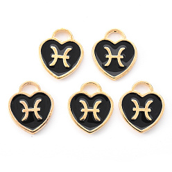 Рыбы Подвески из эмалевого сплава с покрытием из легкого золота, созвездий, черное сердце, Рыбы, 14x12x1.8 мм, отверстие : 4 мм