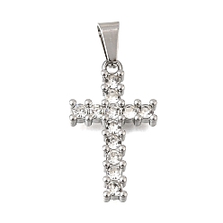 Stainless Steel Color 304 Stainless Steel Rhinestone Pendants, Cross Charms, with 201 Stainless Steel Snap On Bails, Stainless Steel Color, 27x15.5x3mm, Hole: 6x3.5mm