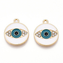 Белый Стойки обшивки сплава эмали подвески, с кристально горный хрусталь, золотой свет, без кадмия, без никеля и без свинца, плоский круглый с оберегами от сглаза, белые, 18x15x1.5 мм, отверстие : 1.6 мм