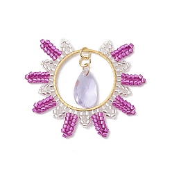 Средний Фиолетово-красный Плоские круглые подвески из стеклянного бисера, с 304 соединительным кольцом из нержавеющей стали и открытыми соединительными кольцами, а также стеклянной подвеской в форме капли, средне фиолетовый красный, 40x48x5 мм, отверстие : 3 мм