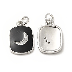 Black Brass Micro Pave Cubic Zirconia Pendants, with Enamel & Jump Ring, Rectangle with Moon Charm, Platinum, Black, 16x11x2mm, Hole: 2.5mm