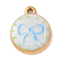 Golden Printed 304 Stainless Steel Pendants, with Enamel, Round with Bowknot Pattern Charms, Golden, 18.5x15x4mm, Hole: 1.7mm