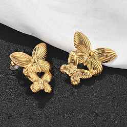 Золотой 304 женские серьги-гвоздики из нержавеющей стали, двойная бабочка, золотые, 27.5x24 мм