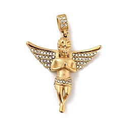 Golden Ionenbeschichtung (IP) 304 Edelstahl große Anhänger, mit Strass, Engel, golden, 54x49x14 mm, Bohrung: 5x7.5 mm