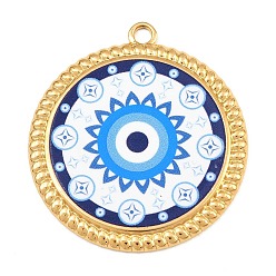 Dodger Azul 304 colgantes de acero inoxidable, Dijes planos redondos con ojo turco y estampado floral., revestimiento de iones (ip), real 18 k chapado en oro, azul dodger, 38.5x35x2.5 mm, agujero: 2.5 mm
