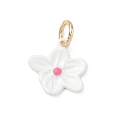 Blanco Rocíe encantos de bronce pintados, encantos de la flor, dorado, blanco, 13x13x2 mm, agujero: 3.8 mm