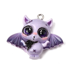 Bat Colgantes de resina opaca con estampado de Halloween, con aros de hierro platino, amuleto de murciélago, 27x32x8.5 mm, agujero: 2 mm