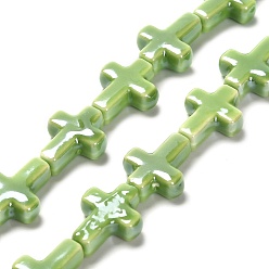Зеленый лайм Фарфоровые бусины ручной работы, яркие глазированный фарфор, крестик, зеленый лайм, 16~17x13~13.5x5.5 мм, отверстие : 1.4 мм, около 20 шт / нитка, 13.39 дюйм (34 см)