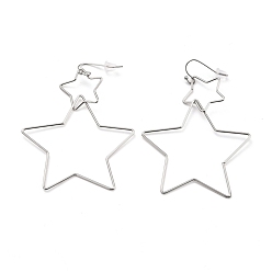 Нержавеющая Сталь Цвет Не тускнеющие серьги-подвески в виде двойной открытой звезды, 304 серьги-подвески крупной геометрической формы из нержавеющей стали для женщин, цвет нержавеющей стали, 75 мм, штифты : 0.6 мм