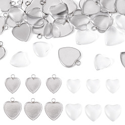 Нержавеющая Сталь Цвет Наборы для изготовления подвески в форме сердца из нержавеющей стали своими руками, В комплект входят 304 шт. 20 оправы для подвесок-кабошонов из нержавеющей стали, 304 шт. Прозрачные стеклянные кабошоны, цвет нержавеющей стали, 20 мм, отверстие : 14.5~15.5x11.5~13x1.5 мм