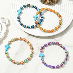 Imperial Jasper Synthetic Turquoise & Natural  Imperial Jasper Beads Stretch Bracelets for Women Men, Cudoid & Cross, Dyed, with Non-magnetic Synthetic Hematite Beads, Inner Diameter: 2.17 inch(5.5cm)
