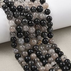 Кварц Турмалинизации  Натуральный турмалированный кварц / черный рутиловый кварц, круглые, разноцветные, 8~9 мм, отверстие : 1.2 мм, около 11~12 шт / нитка, 29.53'' (75 см) ~ 31.50'' (80 см)
