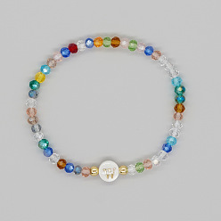 Letter W Handmade Bohemian Colorful Faceted Rondelle Glass Beaded Stretch Bracelets, Alphabet Natural White Shell Bracelets for Women, Letter W, Inner Diameter: 2.36 inch(6cm)